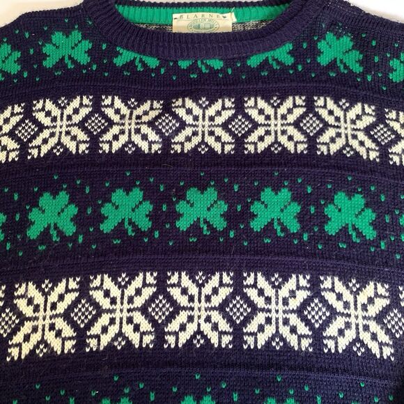 Blarney Woollen Mills Sweater XXL Navy Fair Isle Knit Irish Clover Lucky Ireland - Picture 4 of 8
